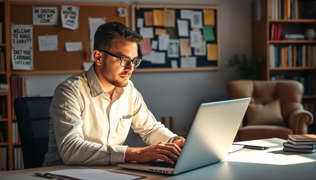 A professional copywriter sits at a desk, intensely focused on their laptop. The lighting is soft and warm, casting a gentle glow on their determined expression. Behind them, a bulletin board displays inspiring notes, printouts, and sticky tabs, reflecting their commitment to continuous learning and skill development. In the background, bookshelves filled with reference materials and a cozy armchair suggest a supportive work environment conducive to creative thinking. The scene conveys a sense of diligence, passion, and the never-ending pursuit of mastering the craft of copywriting.