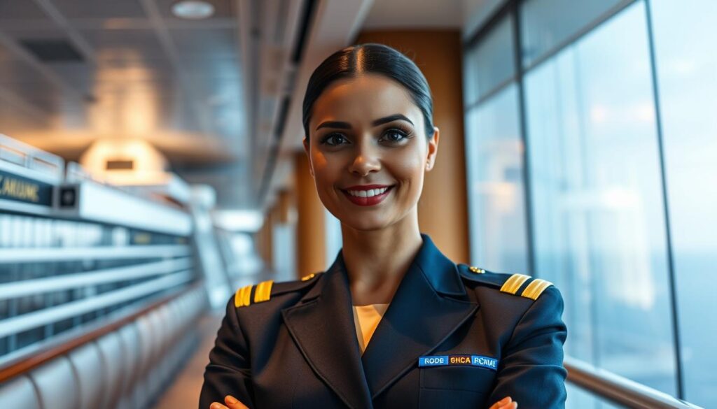 A professional cruise ship purser acquiring their certification. They stand poised and confident, dressed smartly in a crisp, navy-blue uniform with gold epaulets. The lighting is soft and warm, creating a sense of authority and expertise. The scene is set against the backdrop of a gleaming, state-of-the-art cruise ship, its sleek lines and towering decks visible through a large, panoramic window. The model's expression conveys a deep understanding of the role, with a resolute gaze and a subtle, welcoming smile. The overall mood is one of professionalism, dedication, and the pride of achieving a significant career milestone.