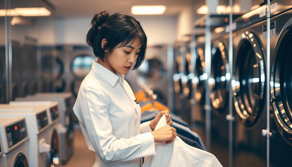 A professional dry cleaning service worker diligently inspecting clothes, carefully examining seams and fabric for stains or damage. The worker, dressed in a crisp uniform, is situated in a neatly organized and well-lit commercial laundromat, with gleaming industrial-grade washing machines and pressing equipment visible in the background. Warm lighting creates a calming, efficient atmosphere as the worker thoroughly processes each garment, ensuring a high-quality clean. The young Japanese-looking model's focused expression and meticulous movements convey the skill and attention to detail required for this specialized occupation.