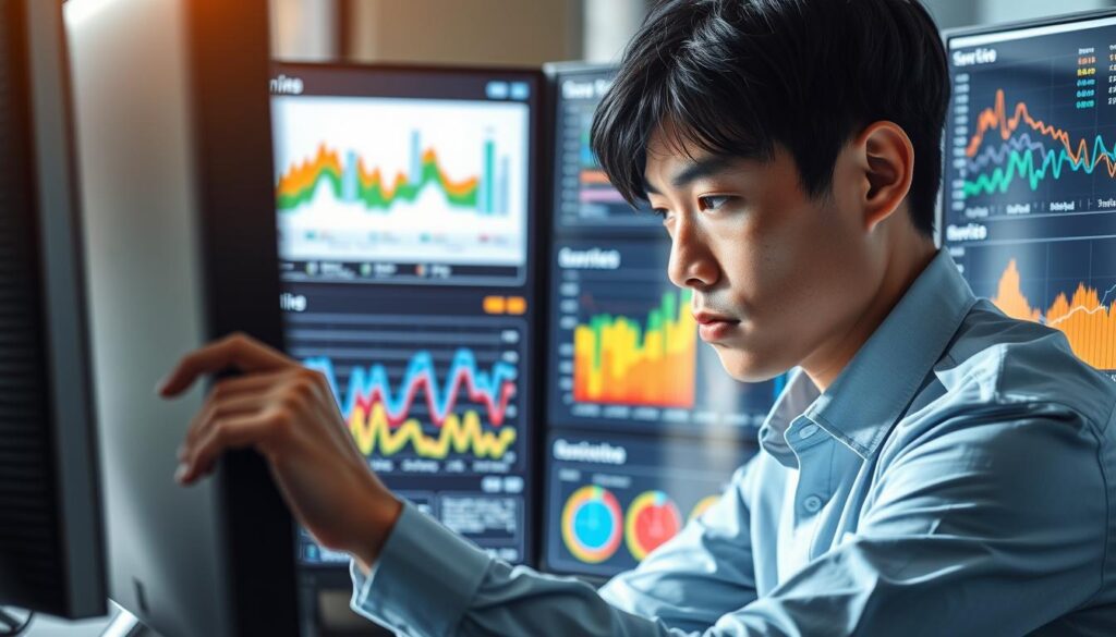 A professional environmental consultant meticulously analyzing complex environmental data using a sophisticated data visualization dashboard on a high-resolution computer monitor. The consultant, a young Japanese-looking individual with dark hair, is intently focused, their brow furrowed in concentration as they interpret the insights revealed by the colorful graphs and charts. The scene is captured in a realistic photographic style, with soft, natural lighting casting subtle shadows and highlights across the consultant's face and the work environment. The background is blurred, keeping the attention on the data analysis task at hand.