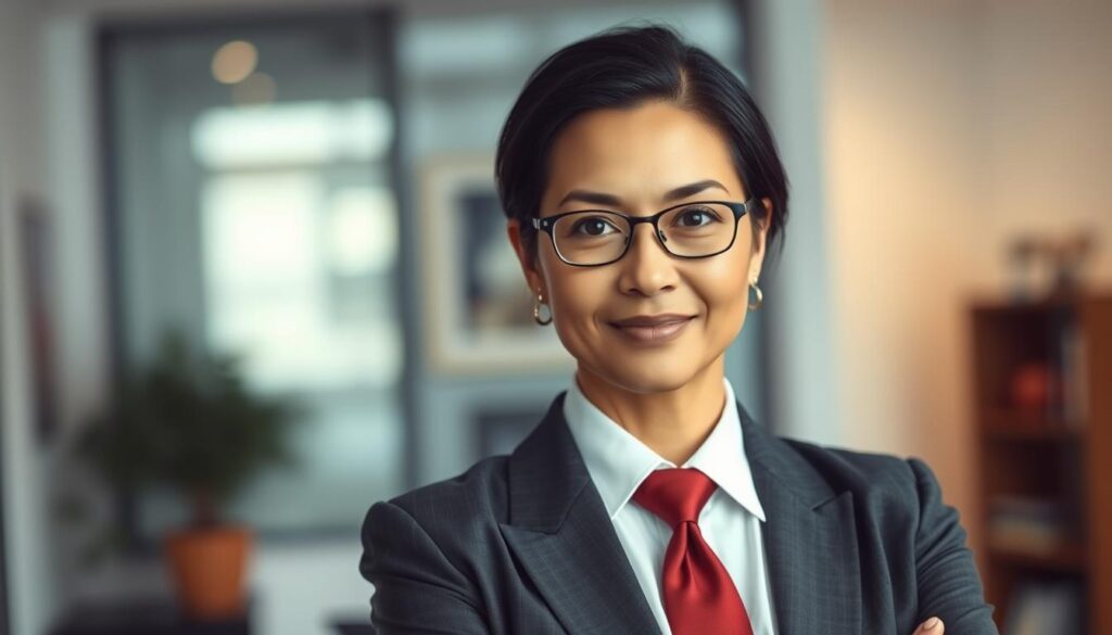 A professional, experienced facilitator in a formal business attire, standing confidently in the center of the frame. Their expression is calm and focused, conveying expertise and authority. The background is blurred, with subtle office elements like a bookshelf or potted plant, creating a sense of a professional setting. Soft, directional lighting illuminates the facilitator's face, highlighting their features and commanding attention. The overall mood is one of competence, poise, and an ability to guide and facilitate discussions effectively.