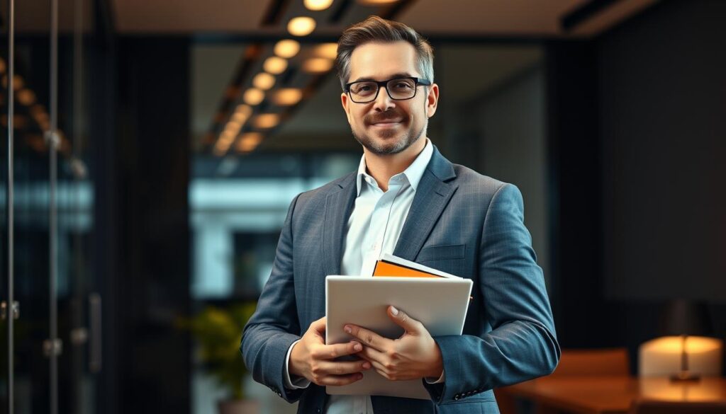 A professional, experienced technical director standing confidently, dressed in a well-tailored suit, holding a portfolio showcasing their expertise. The lighting is warm and focused, accentuating their poise and authority. The background is a sleek, modern office setting, hinting at the high-tech industry they operate in. The director's expression conveys a mix of professionalism and a touch of creativity, reflecting the balance of technical and artistic skills required for the role. The overall atmosphere suggests a capable, knowledgeable individual who has the necessary qualifications and experience to excel as a technical director.