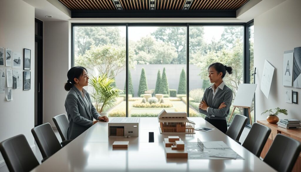 A professional exterior designer's workspace, featuring a minimalist, well-lit office with floor-to-ceiling windows overlooking a lush, meticulously landscaped garden. Three young Japanese designers, dressed in smart casual attire, are engaged in animated discussions around a sleek, modern conference table, their expressions focused and collaborative. Soft, natural lighting filters in, creating a serene and productive atmosphere. The room is adorned with architectural models, design sketches, and mood boards, showcasing the designers' expertise in balancing form and function. The overall scene conveys the dynamic, creative, and rewarding nature of an exterior designer's career.