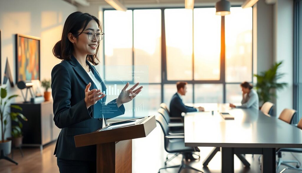 A professional facility manager in a clean, modern office setting. In the foreground, a young Japanese woman in a business suit stands at a podium, gesturing as she presents data on a holographic display. Behind her, two colleagues sit at a long conference table, engaged in discussion. The room is bathed in warm, natural light filtering through large windows, creating a productive and collaborative atmosphere. The walls are adorned with artworks and plants, reflecting the attention to detail and aesthetics of the facility manager's role. The overall scene conveys the responsibility, expertise, and decision-making involved in the job.