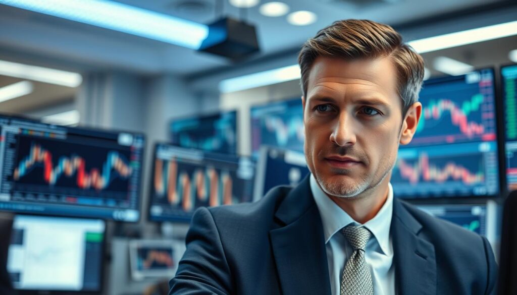 A professional financial trader in a modern office, dressed in a smart suit, surrounded by multiple computer screens displaying financial data and charts. The trader has a focused, analytical expression, deeply engaged in their work. The lighting is bright and crisp, with a hint of blue-toned LED illumination, creating a high-tech, corporate atmosphere. The composition features the trader in the foreground, with the office environment and technology in the background, emphasizing the skill and concentration required for this specialized career.