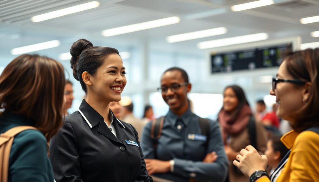 A professional flight attendant in a crisp uniform, with a friendly and approachable demeanor, standing in a well-lit airport terminal. The attendant is conversing animatedly with a diverse group of passengers, demonstrating excellent language skills and cultural awareness. The scene captures the attendant's multilingual abilities, which are essential for providing exceptional service to an international clientele. The overall atmosphere is one of efficiency, attention to detail, and a commitment to delivering a seamless travel experience.
