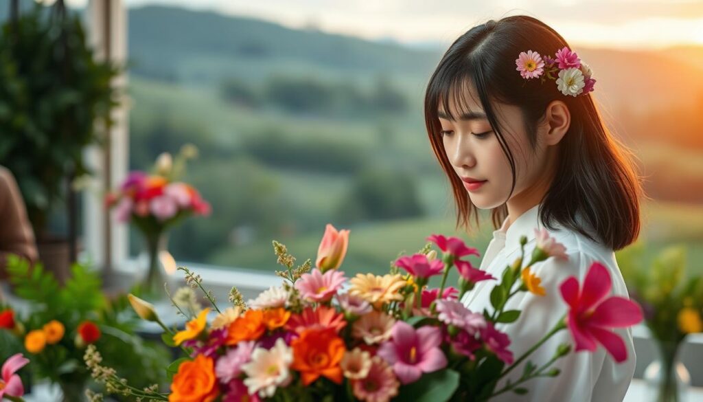 A professional floral designer's career path. In the foreground, a young Japanese woman with a serene expression, clad in a crisp white blouse and delicate floral hair accessories, skillfully arranges a bouquet of vibrant blooms. In the middle ground, she stands in a well-lit studio, surrounded by lush greenery and vases of freshly cut flowers. The background suggests a picturesque countryside, with rolling hills and a soft, warm glow from the setting sun. The scene conveys the tranquility, artistry, and sense of connection to nature inherent in the floral design profession. Realistic lighting and a shallow depth of field create a sense of depth and focus, highlighting the designer's passion and mastery of her craft.