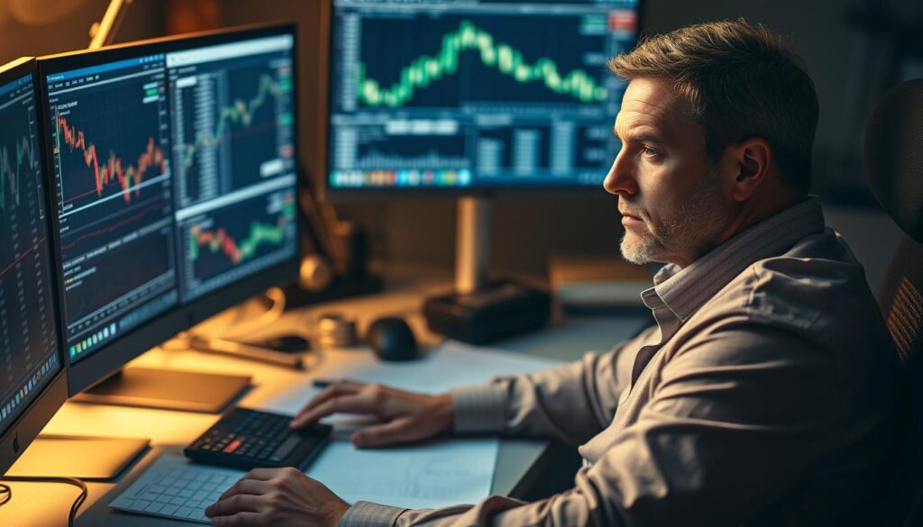 A professional foreign exchange trader sitting at a computer desk, studying graphs and charts intently. The desk is cluttered with multiple monitors, papers, and a calculator. The trader has a serious, focused expression as they analyze the complex data before them. The lighting is soft and warm, creating an atmosphere of intense concentration. The background is blurred, drawing the viewer's attention to the trader's face and the screens displaying the financial information. The overall scene conveys the high-stakes nature of risk management in the foreign exchange market.