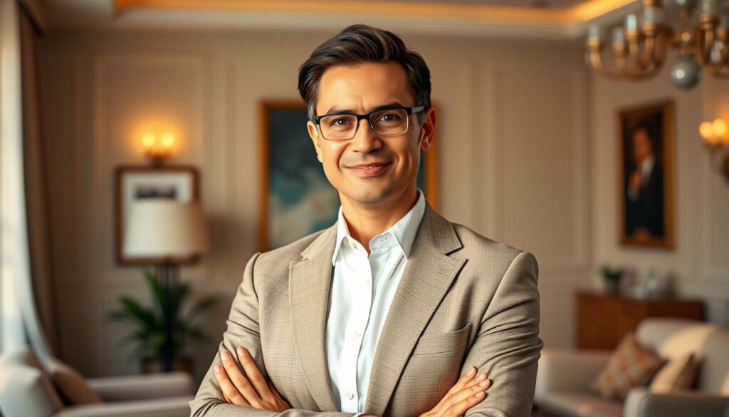 A professional fundraiser standing confidently in a well-lit office, their face radiating determination and a keen intellect. They wear a smart, tailored suit in a neutral tone, exuding an air of authority and competence. The background is elegantly appointed, with tasteful decor and thoughtfully arranged furniture, conveying a sense of refinement and success. Warm, directional lighting illuminates their features, highlighting the intensity in their eyes and the slight, confident smile playing on their lips. This is a person who has mastered the art of persuasion, capable of inspiring donors and securing the resources necessary to drive impactful change.