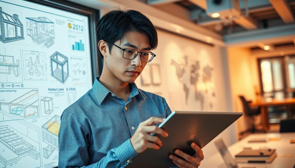 A professional geotechnical consultant overseeing a complex project, standing in a well-lit, modern office. The consultant, a young Japanese person with dark hair, is intently focused on a digital display, surrounded by detailed project plans and 3D models. The atmosphere is one of diligent, technical problem-solving, with subtle hints of the consultant's expertise and authority in managing this intricate geological undertaking. The lighting is a blend of warm and cool tones, creating a sense of depth and dimension. The camera angle captures the consultant from a slightly elevated perspective, emphasizing their leadership and strategic oversight of the project.