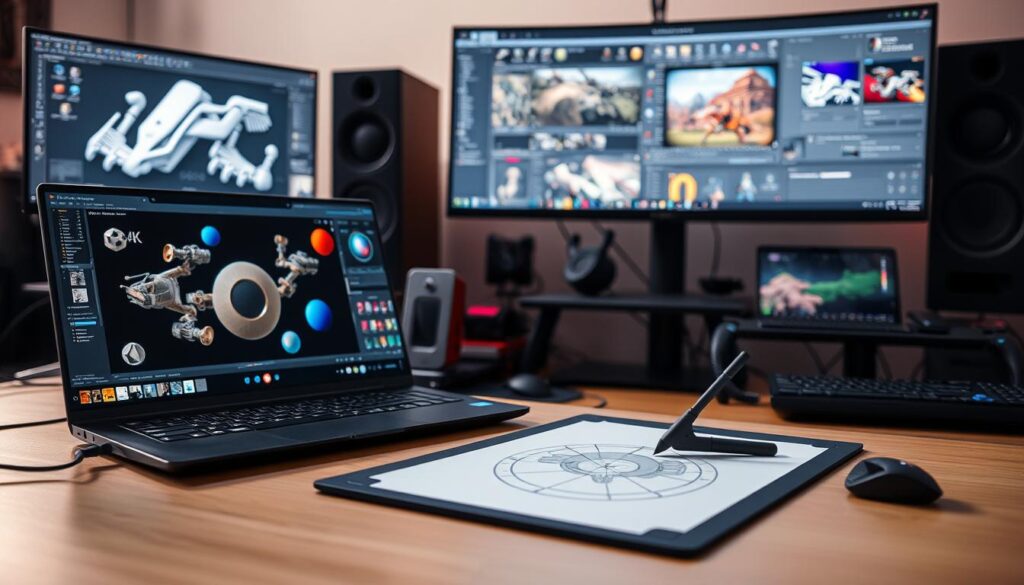 A professional-grade game design workstation with cutting-edge software and peripherals. In the foreground, a sleek gaming laptop with a 4K display showcases intricate 3D modeling and animation tools. The middle ground features a high-end drawing tablet and stylus, allowing for precise digital sketching and concept art creation. In the background, a dual-monitor setup displays complex game engine interfaces, level editors, and programming IDEs. Soft, diffused lighting illuminates the scene, creating a warm, creative atmosphere. The composition emphasizes the intersection of technical skills and artistic vision essential for modern game design.