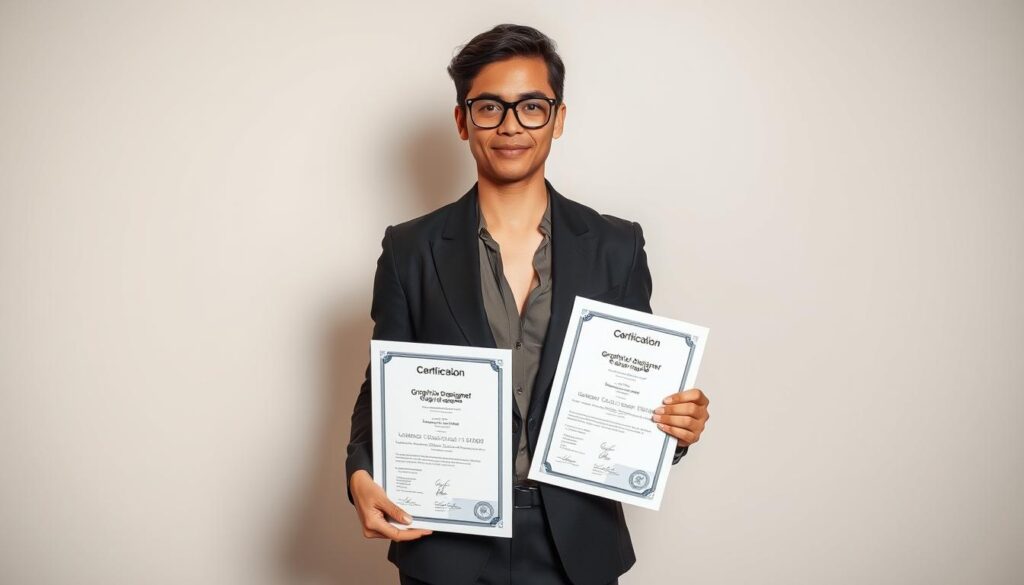A professional graphic designer stands confidently, holding certification documents in their hands. They are dressed in a sleek, modern outfit, showcasing their stylish and capable persona. The background features a minimalist, clean design with subtle patterns and textures, creating a sense of sophistication and attention to detail. Soft, directional lighting illuminates the scene, highlighting the designer's confident expression and the certifications they hold. The overall atmosphere conveys the importance of recognized design qualifications and the sense of achievement they represent in the graphic design industry.