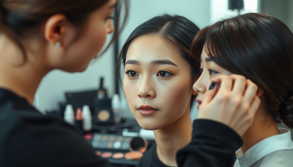 A professional hair and makeup artist at work, carefully applying makeup to a young Japanese model's flawless complexion. The model's dark hair is meticulously styled, with subtle highlights adding depth and dimension. Soft, diffused lighting flatters the model's features, while a neutral color palette sets the tone for a clean, sophisticated look. In the background, various professional-grade cosmetics and tools are neatly arranged, signifying the artist's technical mastery and attention to detail. The scene conveys the artistry, precision, and skill required to transform a face into a masterpiece.