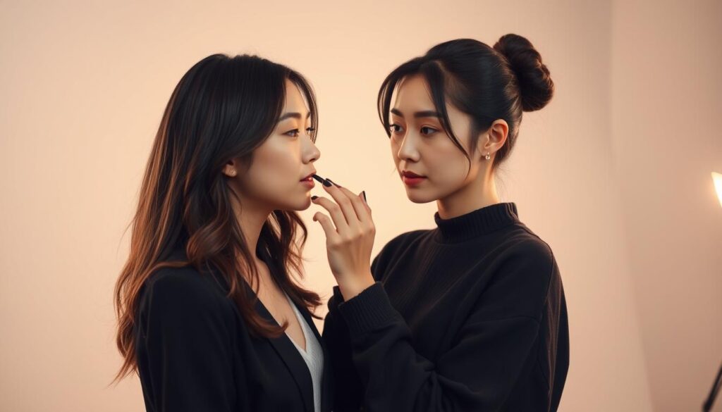 A professional hair and makeup artist stands in a well-lit studio, her expression focused as she applies a delicate touch of makeup to a model's face. The model's youthful, Japanese-inspired features are highlighted by the artist's skilled handiwork, creating a flawless, natural look. Soft, diffused lighting casts a warm, flattering glow, while the background is a clean, minimalist set, allowing the model and artist's collaboration to take center stage. The artist's movements are precise and deliberate, her tools and products arranged neatly within reach, showcasing the meticulous attention to detail that defines her craft.