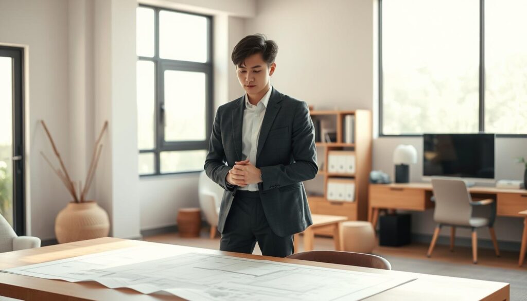 A professional interior designer in a well-lit, modern office space. They are standing thoughtfully, hands clasped, eyes focused, contemplating a design plan or blueprint on a large desk in front of them. The room has clean, minimalist lines, with a mix of natural materials like wood and neutral tones creating a calm, serene atmosphere. A large window provides ample natural lighting, casting a warm glow across the scene. The designer appears young, with a refined, Japanese-inspired aesthetic, dressed in sophisticated attire suited for a design professional.