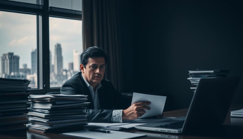 A professional interpreter, their brow furrowed in concentration, sits at a desk in a dimly lit office. Stacks of documents and a laptop surround them, hinting at the complexity of their work. The lighting is soft and moody, casting dramatic shadows that convey the intellectual challenge of their profession. In the background, a window offers a glimpse of a bustling cityscape, symbolizing the global context in which interpreters operate. The scene evokes a sense of focus, diligence, and the weight of responsibility that comes with facilitating cross-cultural communication.