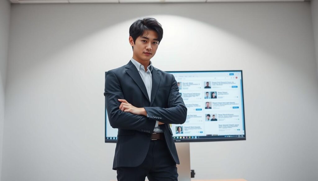 A professional job seeker standing confidently at the center of the frame, reviewing job postings on a large, sleek computer monitor. The lighting is bright and evenly distributed, creating a sense of focus and clarity. The background is a minimalist office setting, with clean lines and muted colors that don't distract from the subject. The model has a youthful, Japanese-inspired appearance, with dark, neatly styled hair and a determined expression. The overall atmosphere conveys a sense of expertise, efficiency, and the strategic utilization of online job search platforms.