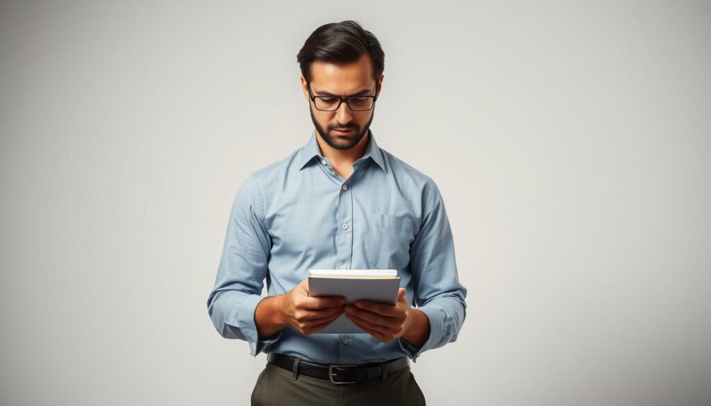 A professional journalist with a discerning eye and an unwavering commitment to the truth. Dressed in a crisp button-down shirt and tailored slacks, they stand with an air of authority, their gaze fixed intently on the notepad in their hand. Surrounded by a clean, well-lit studio backdrop, the subject's face is framed in a way that captures their deep concentration and intellectual prowess. The lighting is soft and flattering, accentuating the sharp features and serious expression that conveys the gravity of their work. This is a portrait of a skilled ルポライター, a master of both specialized knowledge and the craft of journalism.