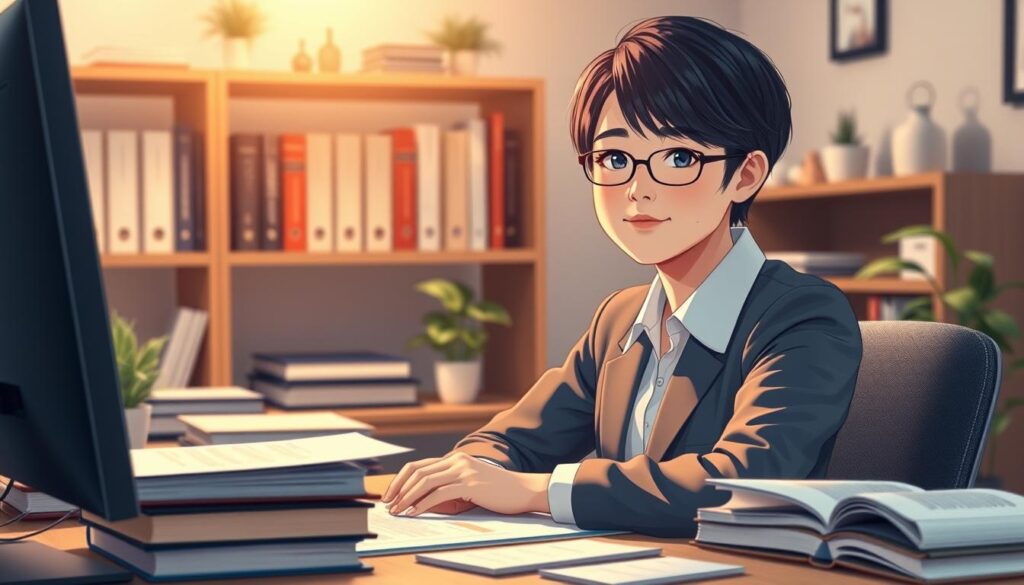 A professional-looking Japanese proofreader sitting at a desk, surrounded by books, papers, and a computer. They have a calm, focused expression, dressed in business attire. The lighting is soft and warm, creating a studious atmosphere. The camera angle is slightly elevated, giving a sense of authority and expertise. The background features a bookshelf, potted plants, and subtle office decor, conveying an intellectual and organized environment. The proofreader's features are realistically rendered, with attention to their youthful, Japanese appearance as per the provided guidelines.