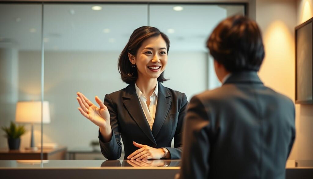 A professional-looking Japanese receptionist gracefully greeting a visitor in a well-appointed office. A smartly dressed woman with an elegant hairstyle and poised demeanor, standing behind a sleek reception desk. Indirect lighting casts a warm, inviting glow, creating a refined, polished atmosphere. The receptionist's gestures and facial expression convey a welcoming, attentive presence, ready to assist the guest with excellent customer service. The scene captures the essence of a secretary's courteous, diligent manner when handling client interactions in a modern, sophisticated workplace.