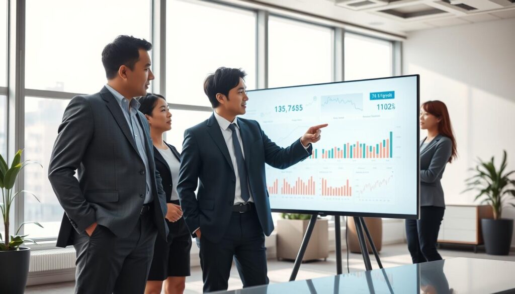 A professional-looking financial analyst team standing in a modern office, illuminated by soft natural light from large windows. The analysts, dressed in formal attire, are engaged in discussion, pointing at charts and graphs displayed on a large screen. Their expressions convey a sense of focus and expertise. The background features minimalist decor, with clean lines and a subdued color palette, emphasizing the analytical nature of their work. The overall atmosphere suggests a high-performing, data-driven environment where these young, capable Japanese individuals apply their keen analytical skills to make informed financial decisions.