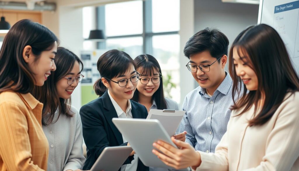 A professional-looking group of young Japanese people focused on skill development, seen in a modern office or co-working space setting. The scene features a mix of individuals engaged in various activities such as discussing ideas, using laptops, and collaborating on a whiteboard. The lighting is bright and natural, creating a warm and productive atmosphere. The overall mood conveys a sense of growth, determination, and a commitment to continuous learning and career advancement.