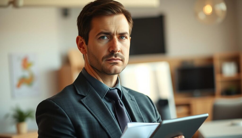 A professional-looking real estate appraiser, mid-30s, with a serious expression, standing in a well-lit office setting. Dressed in a smart, dark business suit, the appraiser holds a tablet and paperwork, conveying their expertise and diligence. The background features subtle, blurred office furnishings, suggesting a calm, focused work environment. Warm, natural lighting highlights the appraiser's features, creating a sense of authority and competence. The overall mood is one of professionalism and attention to detail, reflecting the importance of the appraiser's role in the real estate industry.