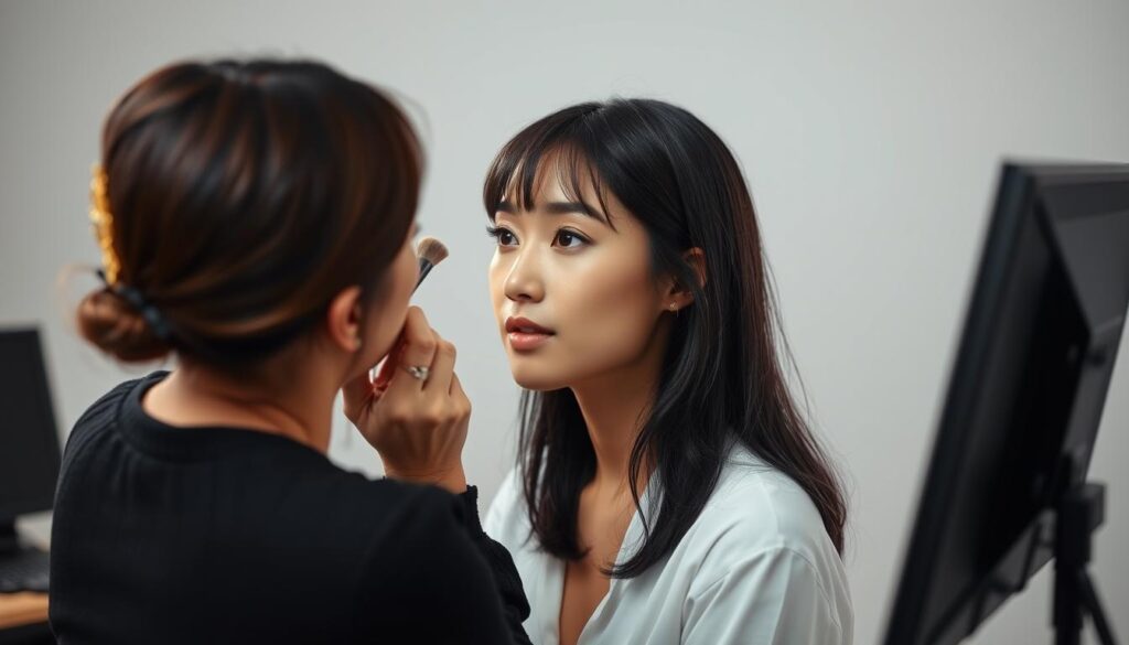 A professional makeup artist showcasing their skills in a well-lit studio setting. The model, a young Japanese-looking woman with dark hair, sits poised as the artist applies delicate brushstrokes to her face, highlighting her natural features with precision and artistry. The background is clean and minimalist, allowing the focus to remain on the meticulous makeup application process. Soft, diffused lighting casts an elegant, ethereal glow, capturing the expertise and finesse of the makeup artist at work.