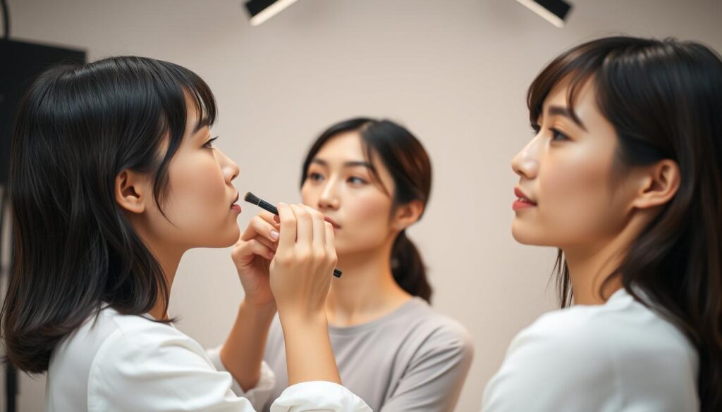 A professional makeup artist stands in a well-lit studio, expertly applying cosmetics to the faces of two young, Japanese-looking models with dark hair. The scene has a polished, high-fashion aesthetic, with a neutral color palette and soft, directional lighting that emphasizes the models' flawless complexions. The makeup artist's movements are precise and focused, showcasing their exceptional skill and attention to detail. The overall mood is one of artistry, expertise, and the creation of a stunning, camera-ready appearance.