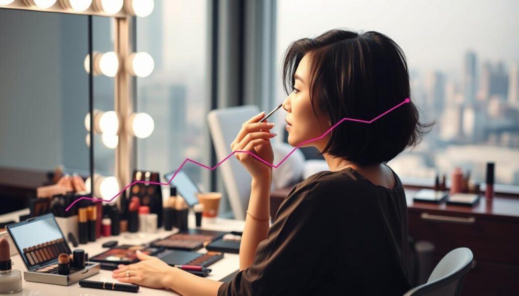 A professional makeup artist's studio, with a well-lit vanity table showcasing an array of makeup products. In the foreground, a young Japanese woman with natural, dark hair sits at the table, applying highlighter to her cheekbones with a delicate touch. The middle ground depicts a line graph representing the artist's income growth over time, reflecting the changes in their earning potential as they gain more experience. The background features a softly blurred cityscape, hinting at the urban setting where the makeup artist's career has blossomed. The overall scene conveys a sense of skill, diligence, and the rewarding trajectory of a makeup artist's profession.