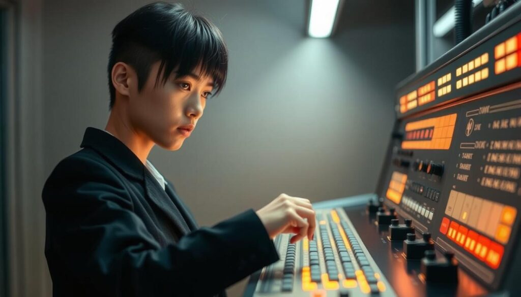 A professional manipulator stands before a sleek, high-tech control panel, their nimble fingers deftly maneuvering the various levers and buttons. The scene is bathed in a soft, ambient glow, creating an atmosphere of focused intensity. The manipulator's face is youthful and Japanese-inspired, their black hair framing a determined expression as they carry out their specialized tasks. The background is minimal, allowing the subject to take center stage and showcase their expertise. The lighting is well-balanced, highlighting the manipulator's skill and the precision of their movements.