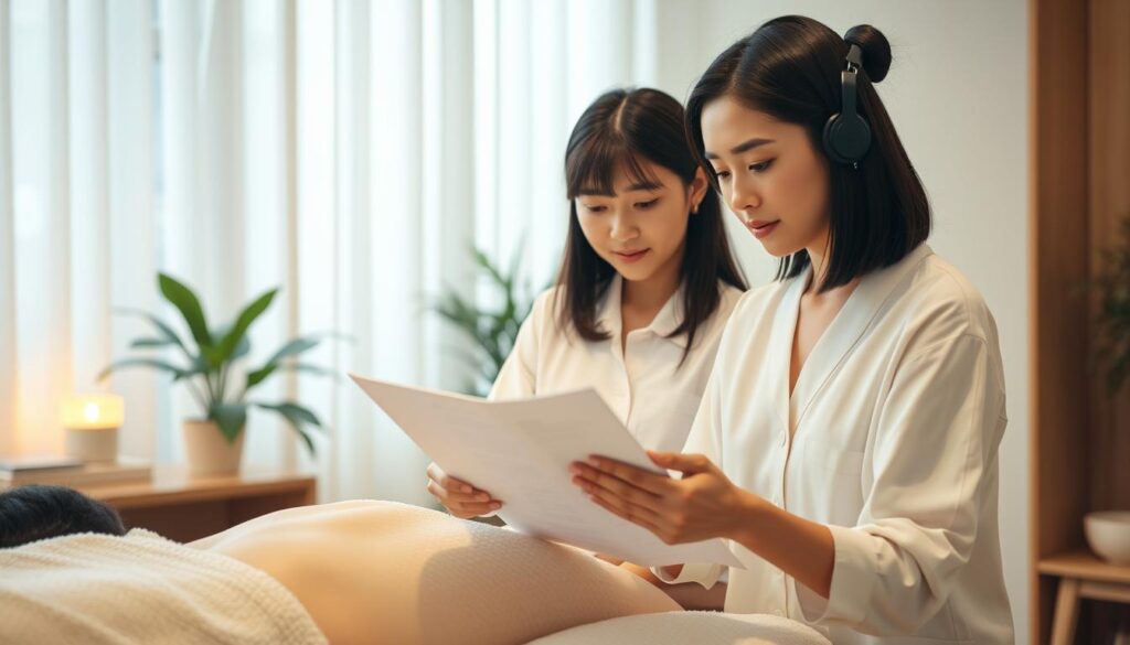 A professional massage therapist diligently assessing a client's medical history and conducting a thorough risk assessment, ensuring the safety and well-being of both parties. The scene is captured in a warm, softly lit studio setting, with the masseuse carefully evaluating the client's condition and planning the appropriate course of treatment. The models have a youthful, Japanese-inspired appearance, portrayed in a realistic photographic style. The atmosphere conveys a sense of attentiveness, care, and professionalism as the massage therapist manages the potential risks and vulnerabilities associated with their practice.
