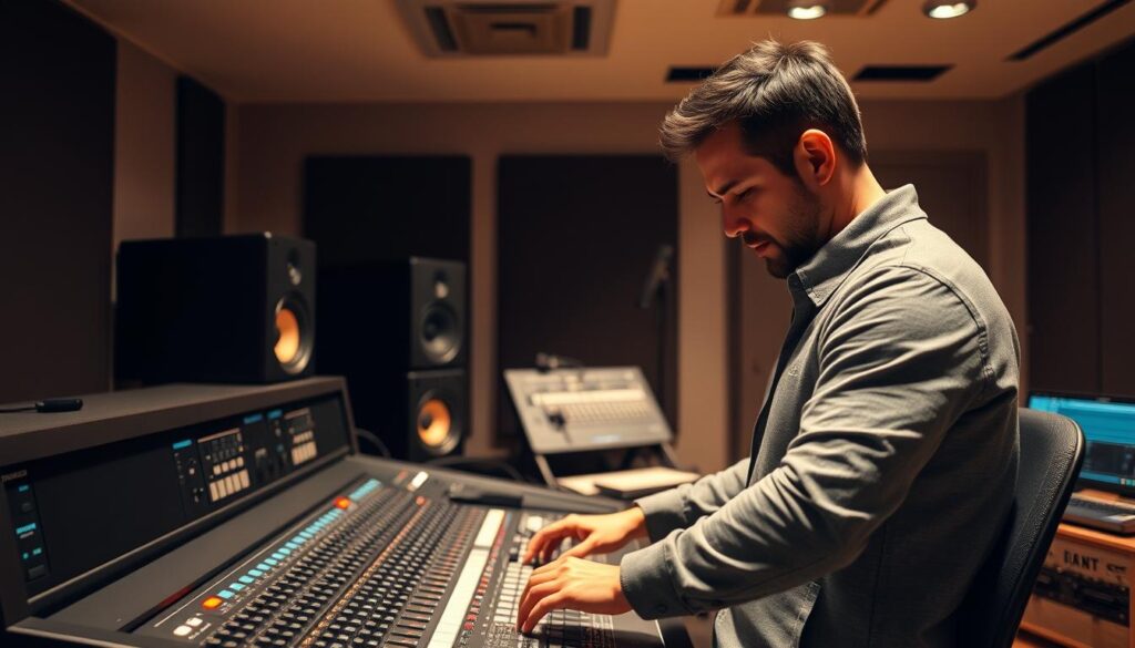 A professional mastering engineer standing in a recording studio, surrounded by high-end audio equipment. Soft, warm lighting illuminates their intense focus as they meticulously adjust levels and fine-tune the mix. The engineer's face reflects deep concentration, their hands expertly operating the mixing console, effortlessly applying their technical expertise. The background features a clean, minimalist aesthetic with sleek, modern recording gear, conveying a sense of precision and professionalism. The overall atmosphere exudes a quiet confidence, highlighting the mastering engineer's mastery of their craft.