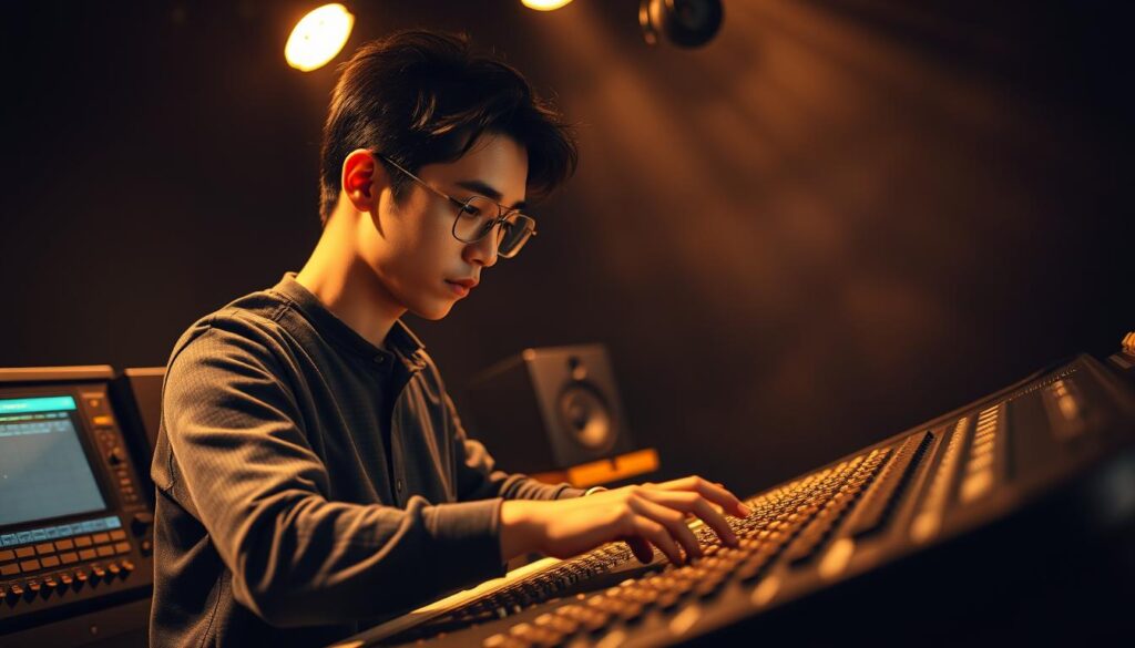 A professional music producer in a dimly lit recording studio, surrounded by state-of-the-art audio equipment. The young Japanese man, with a focused expression, is diligently operating the mixing console, meticulously adjusting knobs and faders to craft the perfect sound. Warm, directional lighting illuminates his face, highlighting his concentration as he immerses himself in the creative process. The background is hazy, with a sense of depth and atmosphere, emphasizing the importance of the task at hand. The overall scene conveys the dedication, skill, and technical expertise required to be a successful music production professional.