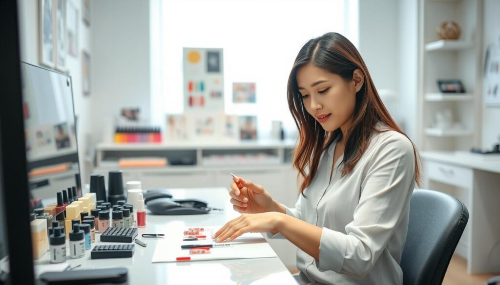 A professional nail artist, with a delicate touch and keen eye, carefully examines a set of intricate nail designs. In a well-lit studio, she sits at a sleek workstation, surrounded by an array of polishes, tools, and inspiration boards. The model, a young Japanese woman with a natural, youthful appearance, extends her hands, allowing the artist to meticulously apply the latest techniques and trends. Soft, natural lighting accentuates the artist's focused expression and the model's flawless skin. The scene conveys a sense of dedication, precision, and the pursuit of perfection - the hallmarks of a skilled nail technician's journey to mastery.
