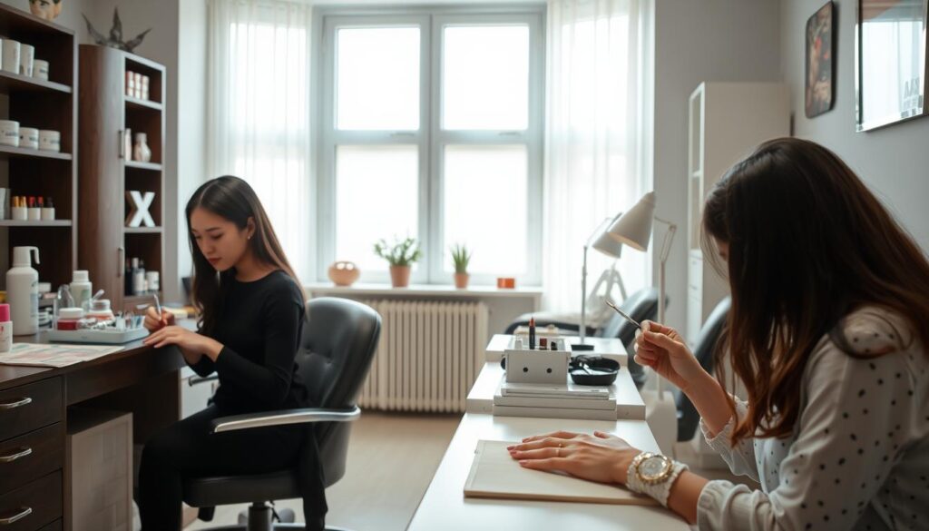 A professional nail artist's studio, bathed in soft, natural light filtering through large windows. A young, Japanese-looking woman sits at a manicure station, carefully examining a client's nails, her focused expression conveying her expertise. Nearby, another artist works intently on delicate nail art, their skilled hands wielding tiny brushes. The space is clean, organized, and exudes a sense of meticulous attention to detail, reflecting the care and precision required in this specialized profession. The atmosphere is calm and serene, allowing the artists to concentrate on their craft and provide a relaxing experience for their clients.