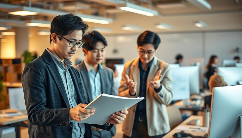 A professional office setting featuring a team of young, Japanese-looking facility managers engaged in various tasks. In the foreground, a manager is reviewing building plans on a tablet, their focused expression conveying the importance of their work. In the middle ground, another manager is coordinating with colleagues, gesturing animatedly as they discuss facility operations. The background showcases the bustling office environment, with computer screens, whiteboards, and other equipment suggesting the diverse responsibilities of facility management. Warm, natural lighting illuminates the scene, creating a sense of productivity and efficiency. The overall atmosphere conveys the comprehensive nature of facility management, from strategic planning to day-to-day operations.