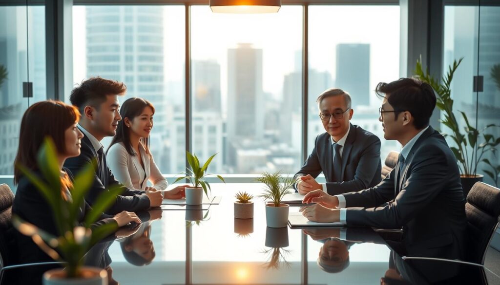 A professional office setting with an international team of young, Japanese-looking consultants collaborating on a high-level business strategy. Soft, natural lighting illuminates the scene, casting a warm glow on the smartly dressed individuals seated around a sleek, modern conference table. The foreground features the team members engaged in an animated discussion, their faces reflecting a sense of focus and determination. In the middle ground, the office space is visible, with clean lines, minimalist decor, and strategically placed plants adding a touch of nature. The background subtly hints at the company's global reach, with a backdrop of urban cityscape visible through the large windows.