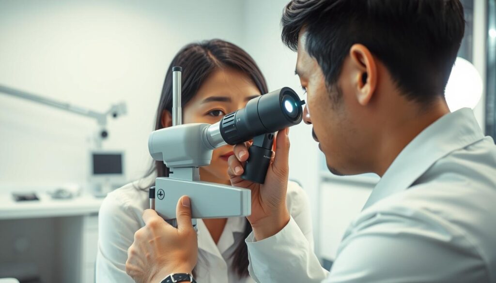 A professional optometrist examining a patient's eyes with a slit lamp, their face illuminated by the focused beam of light. The optometrist's hands are steady and their expression is one of focused concentration, their expertise and specialized knowledge evident in their attentive posture. In the background, a clean, modern medical office with sleek equipment and minimalist decor, conveying the technological and scientific nature of the profession. The scene is bathed in a warm, clinical lighting that highlights the optometrist's skill and the precision of their work. The patient, a young Japanese person with dark hair, appears relaxed and confident in the optometrist's care.