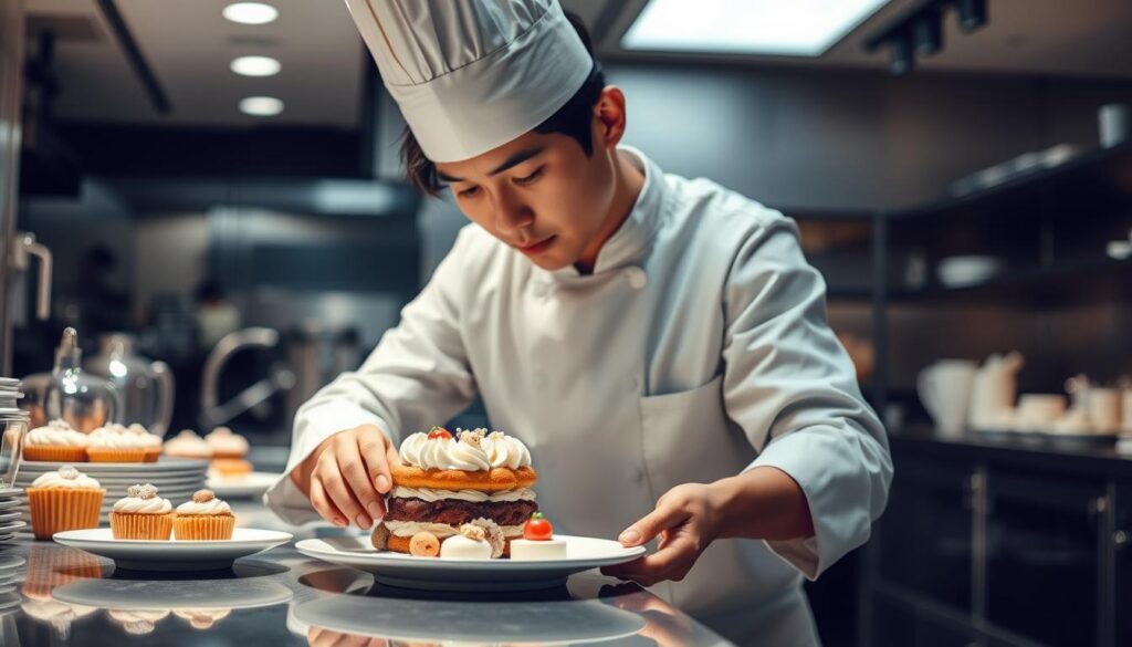 A professional patisserie chef meticulously crafting intricate desserts in a well-lit, modern kitchen. The chef, a young Japanese man with dark hair, carefully plates a delicate cake adorned with delicate sugar decorations, showcasing their impressive skill and attention to detail. Soft shadows and highlights accentuate the textures of the ingredients, while the overall mood is one of focus and precision. The scene captures the essence of the patisserie profession, highlighting the technical expertise and artistry required to create visually stunning and delectable pastries.