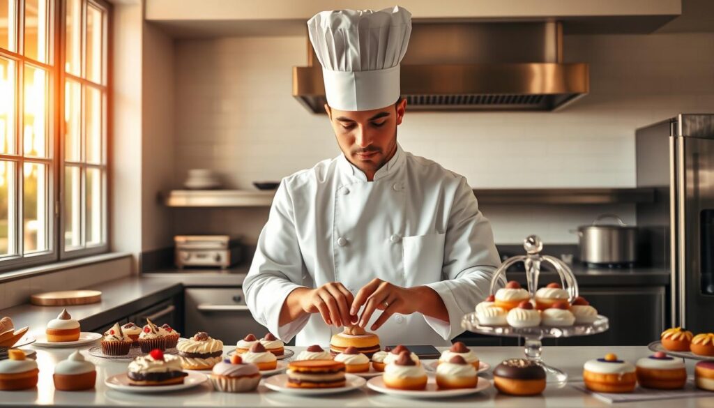 A professional patissier, dressed in a crisp white coat and tall chef's hat, stands before an array of delicate pastries and confections. Warm, natural lighting from large windows illuminates the scene, casting soft shadows and highlights across the intricate details of the desserts. The patissier's skilled hands gently arrange the treats, their movements precise and practiced. The background is a clean, minimalist kitchen, with gleaming stainless steel appliances and a tiled backsplash. The overall atmosphere exudes a sense of mastery, passion, and the artistry inherent in the patisserie craft.