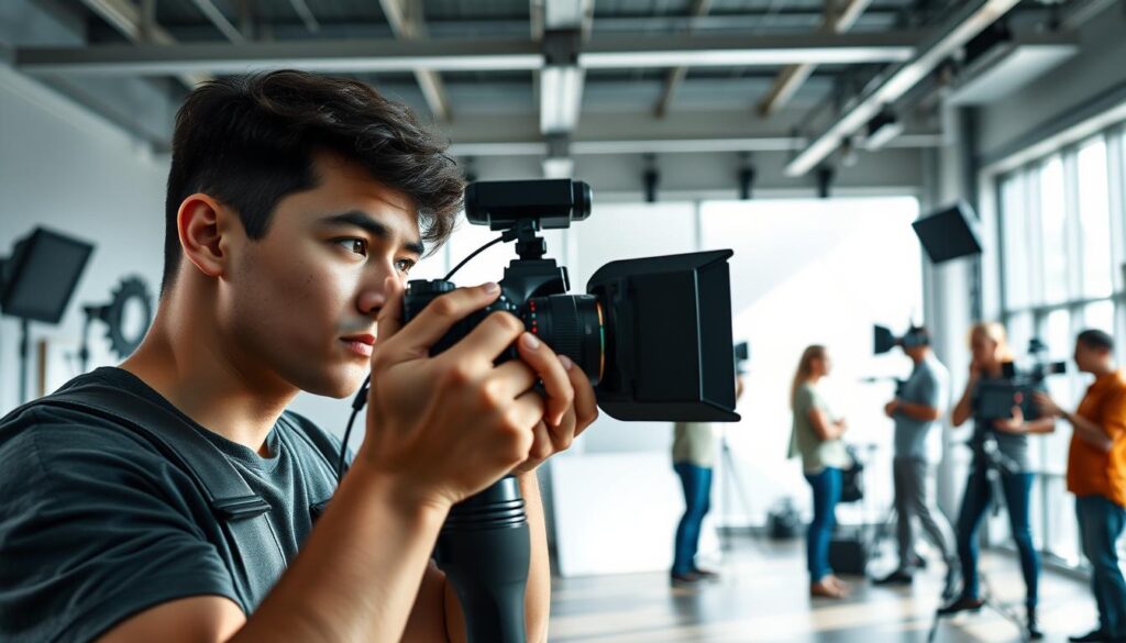 A professional photo director ascending the career ladder, capturing the essence of their craft. In the foreground, a young, talented director frames a dynamic shot, their gaze intent and focused. Surrounded by a well-equipped camera setup, with high-end lenses and lighting rigs, they navigate the creative process with precision. In the middle ground, a team of skilled assistants collaborate, sharing ideas and feedback, creating a synergistic workflow. The background depicts a modern, minimalist studio space, with large windows flooding the scene with natural light, reflecting the director's dedication to honing their artistic vision. An atmosphere of creativity, ambition, and technical mastery permeates the scene, embodying the career journey of a seasoned photo director.