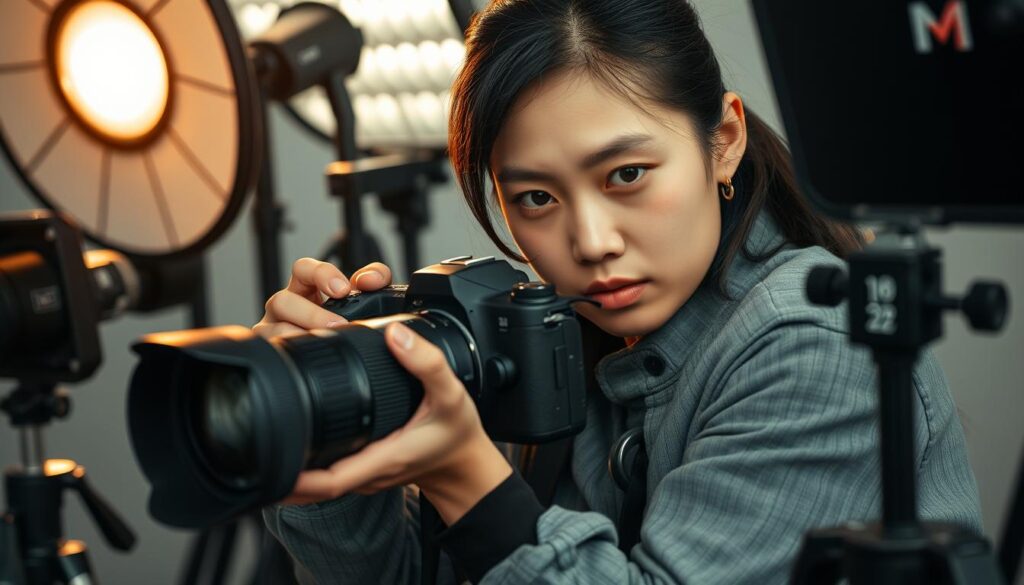 A professional photographer with a focused gaze, meticulously composing a shot through a high-end DSLR camera. Surrounded by technical equipment - reflectors, light stands, tripods, lenses - all working in harmony to capture the perfect image. Attention to detail and a keen eye for lighting, framing, and composition are evident in their skilled movements. The mood is one of intentionality and creative focus, with a serene yet determined expression on the model's young, Asian-inspired features. This photographic director skillfully utilizes the tools of the trade to produce visually stunning, technically proficient images.