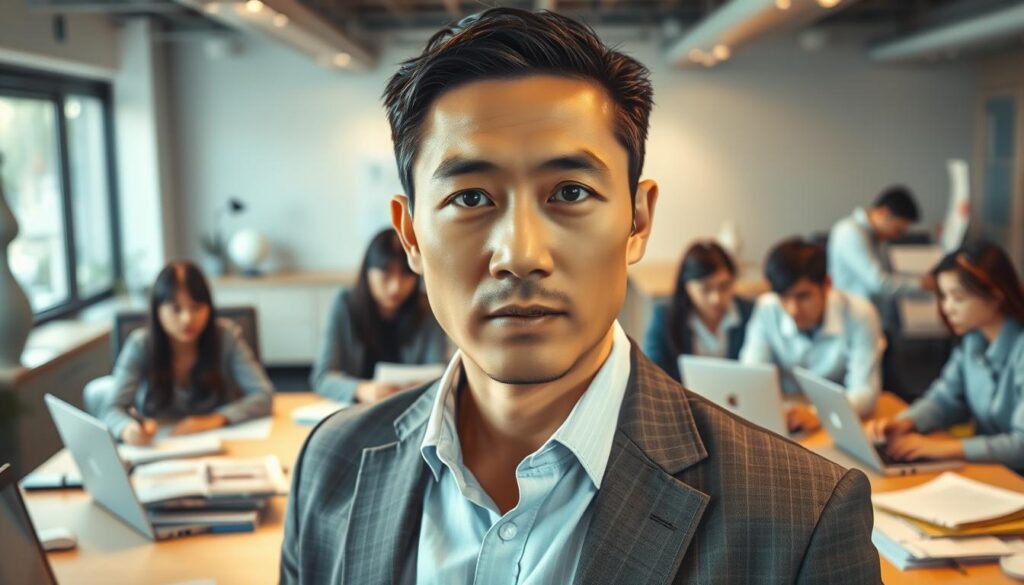 A professional project manager stands at the center of a bustling office, papers and laptops scattered around their workspace. The lighting is warm and inviting, creating a productive atmosphere. In the background, a team of young, focused Japanese-looking professionals collaborates on various projects, their expressions determined yet calm. The manager's face is realistic, with distinctive features and a contemplative gaze, embodying the poise and leadership required for the role. The scene conveys the challenges and responsibilities of project management, capturing the essence of the career's work environment and necessary skills.