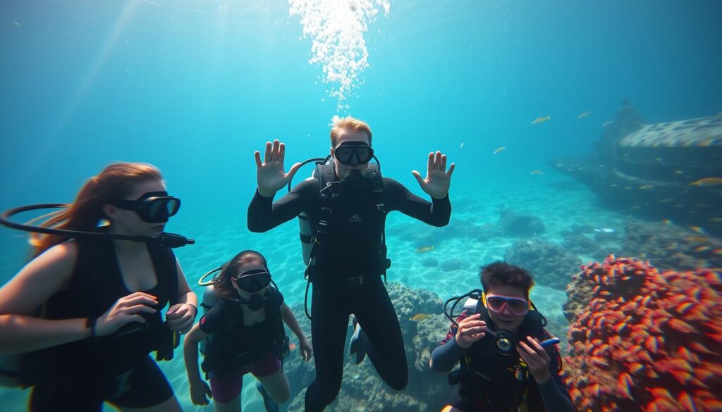 A professional scuba diving instructor leads a group of eager students through an underwater exploration, guiding them with precise technique and calm confidence. Sunlight streams through the crystal-clear waters, illuminating the vibrant coral and schools of tropical fish. The instructor, clad in a sleek wetsuit, expertly navigates the depths, demonstrating proper buoyancy control and hand signals. Students closely follow, their faces filled with wonder and focus as they learn the art of safe, responsible diving. In the background, a sunken wreck adds an air of adventure and discovery to the scene. The overall mood is one of adventure, education, and the peaceful serenity of the underwater world.