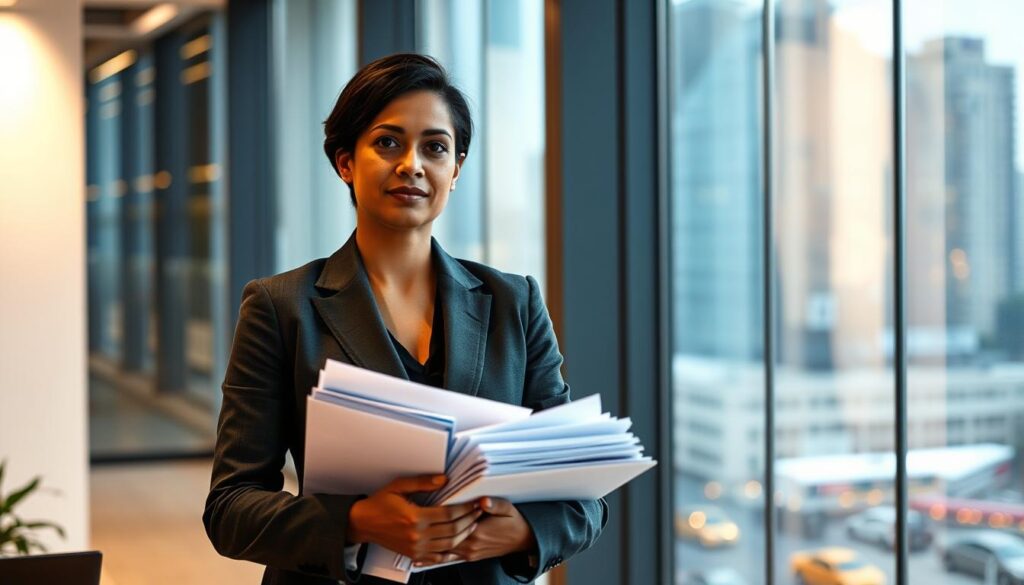 A professional social worker standing in a bright, modern office, holding a stack of paperwork and documents, their face expressing a thoughtful, focused expression. The background features a large window overlooking a bustling cityscape, with soft, warm lighting illuminating the scene. The worker's attire is a well-tailored suit, conveying a sense of authority and expertise. The image captures the essence of the social worker's role - providing guidance, counseling, and support to individuals and communities, with a calm, measured demeanor.