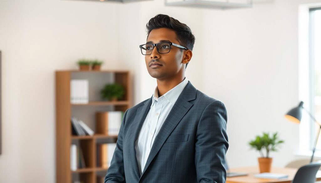 A professional social worker stands in a well-lit, modern office, contemplating their career path. They are dressed in a crisp, formal suit, conveying a sense of confidence and competence. In the background, a bookshelf and desk suggest a thoughtful, intellectual environment. The lighting is warm and inviting, creating a sense of focus and determination. The social worker's expression is pensive, reflecting the various options and opportunities for advancement within their field. The scene captures the essence of a dedicated professional exploring the diverse career trajectories available to social workers.