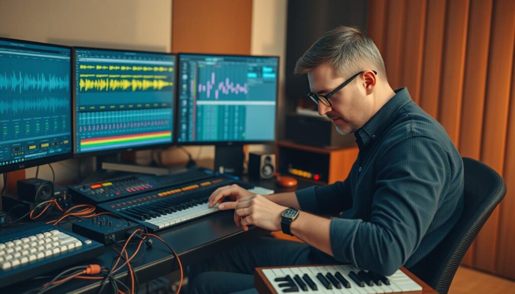 A professional sound arranger sits at a mixing console, deeply immersed in the creative process. The desk is cluttered with MIDI controllers, an array of cables, and various audio equipment. In the background, a large monitor displays digital audio workstation software, showcasing waveforms, MIDI patterns, and mixing automation. The arranger, with a focused expression, meticulously adjusts knobs and sliders, fine-tuning the balance and dynamics of the musical elements. The lighting is warm and ambient, creating a cozy, dedicated workspace. The scene conveys the arranger's dedication, technical expertise, and the intricate, hands-on nature of their craft.