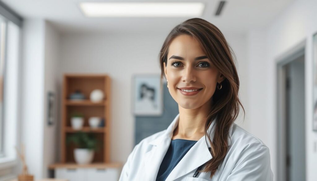 A professional speech-language pathologist standing in a well-lit, airy clinic setting, their expression calm and focused. They wear a crisp white lab coat, conveying a sense of expertise and authority. The pathologist's gaze is directed towards the viewer, making eye contact and exuding a warm, approachable demeanor. The background features modern, minimalist decor, lending an air of sophistication and attention to detail. The lighting is soft and diffuse, creating subtle shadows that accentuate the pathologist's features. The overall atmosphere is one of professionalism, empathy, and a deep commitment to the well-being of the individuals they serve.