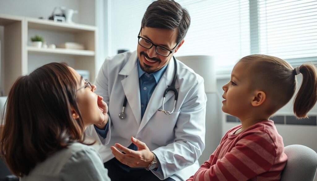 A professional speech-language pathologist working with a patient, examining their mouth and throat while analyzing speech patterns and auditory processing. The scene is set in a well-lit, modern medical office, with the pathologist in a clean white coat and the patient sitting calmly. The pathologist's hands are carefully positioned, demonstrating their specialized skills and attention to detail. The atmosphere conveys a sense of care, expertise, and a collaborative patient-provider relationship.